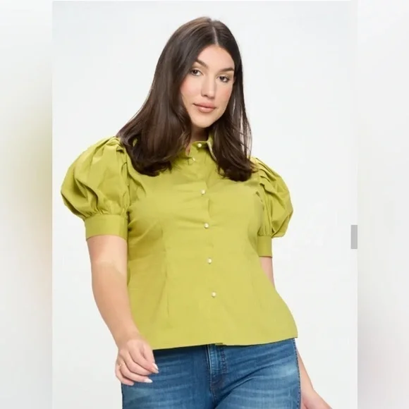 NWT 2X Avocado Green Rhinestone Collar Button Down Blouse Retro Unique Vintage - Picture 6 of 8